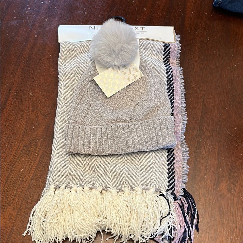 Nine West Taupe Pink Black Faux Fur Pom Beanie and Scarf Set OS New